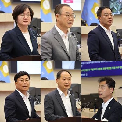 각 의원들의 5분자유발언 및 '노후산업단지 주변지역 지원에 관한 특별법 제정 촉구 결의안' 설명 모습