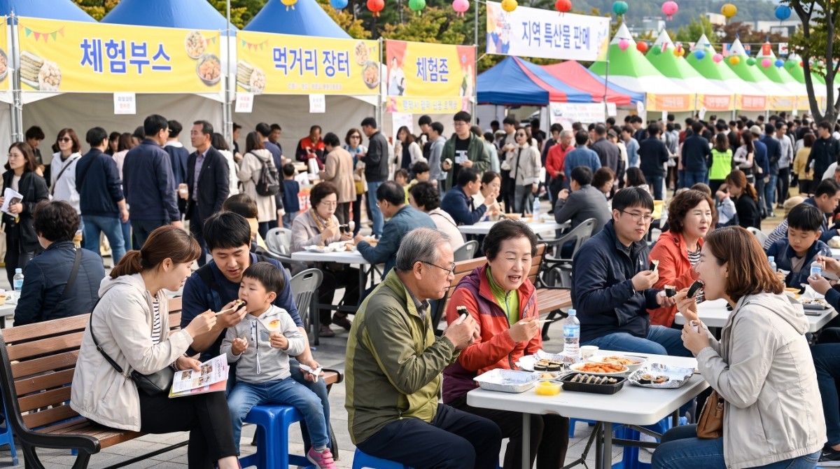 축제 현장에서 김밥 등 음식을 먹는 시민들 이미지 / AI 생성 이미지