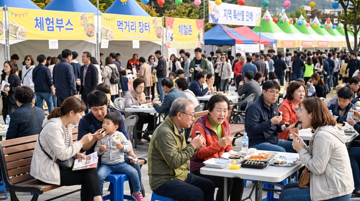 축제 현장에서 김밥 등 음식을 먹는 시민들 이미지 / AI 생성 이미지