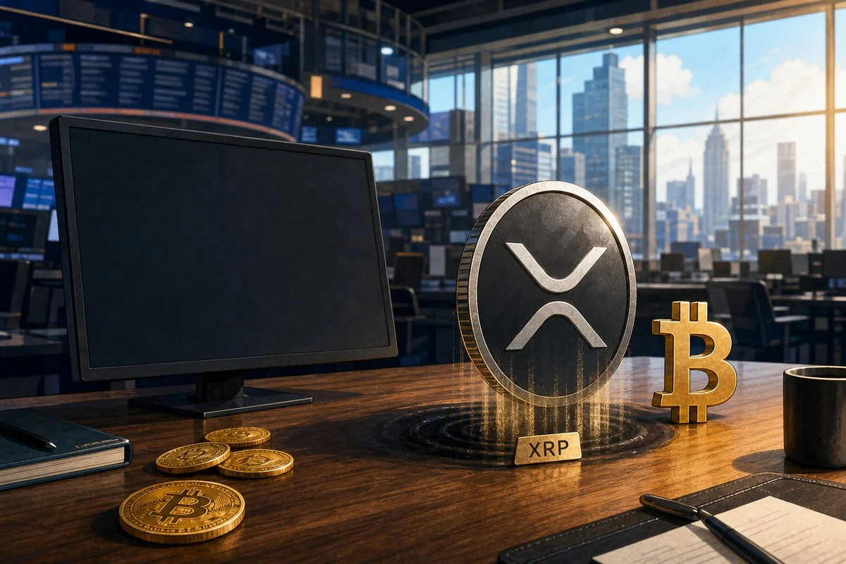 도심이 보이는 사무실 책상 위 XRP 코인과 비트코인 동전 — 내용 이해를 돕는 AI 이미지