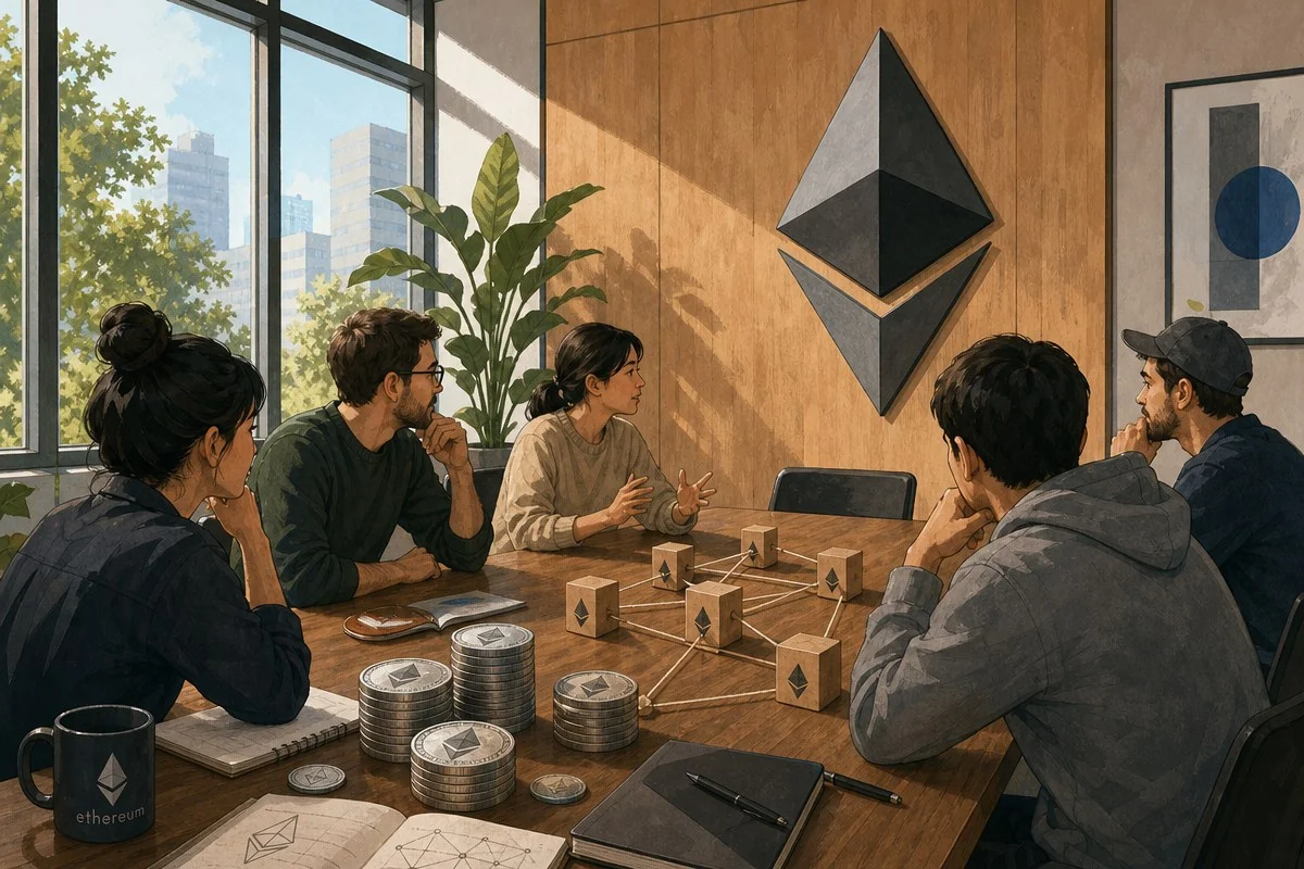 이더리움 로고가 걸린 공간에서 테이블에 둘러앉아 대화하는 모습 — 내용 이해를 돕는 AI 이미지