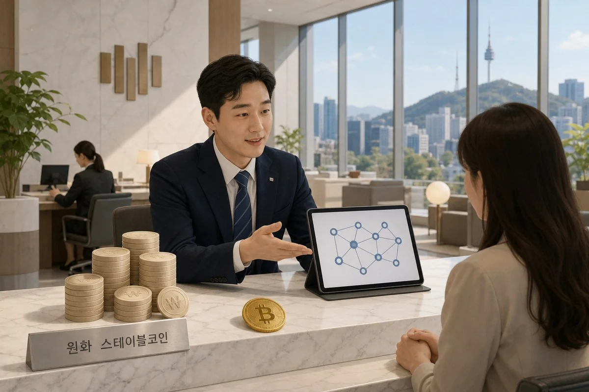 카운터에서 정장 차림 남성이 네트워크 도식 태블릿을 여성에게 보여주는 모습 — 이해를 돕는 AI 자료 이미지