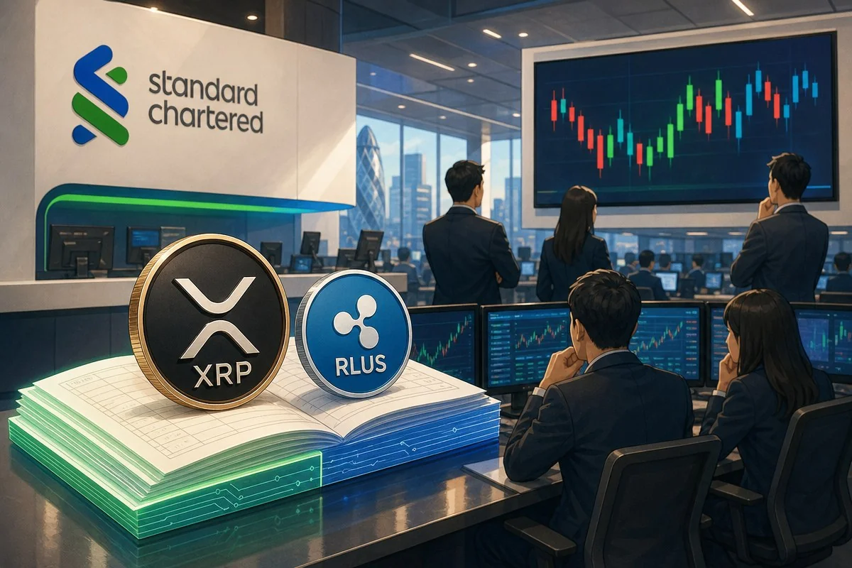 스탠다드차타드 로고 아래 XRP·RLUSD 모형과 차트를 바라보는 사람들 — AI로 생성한 자료 이미지