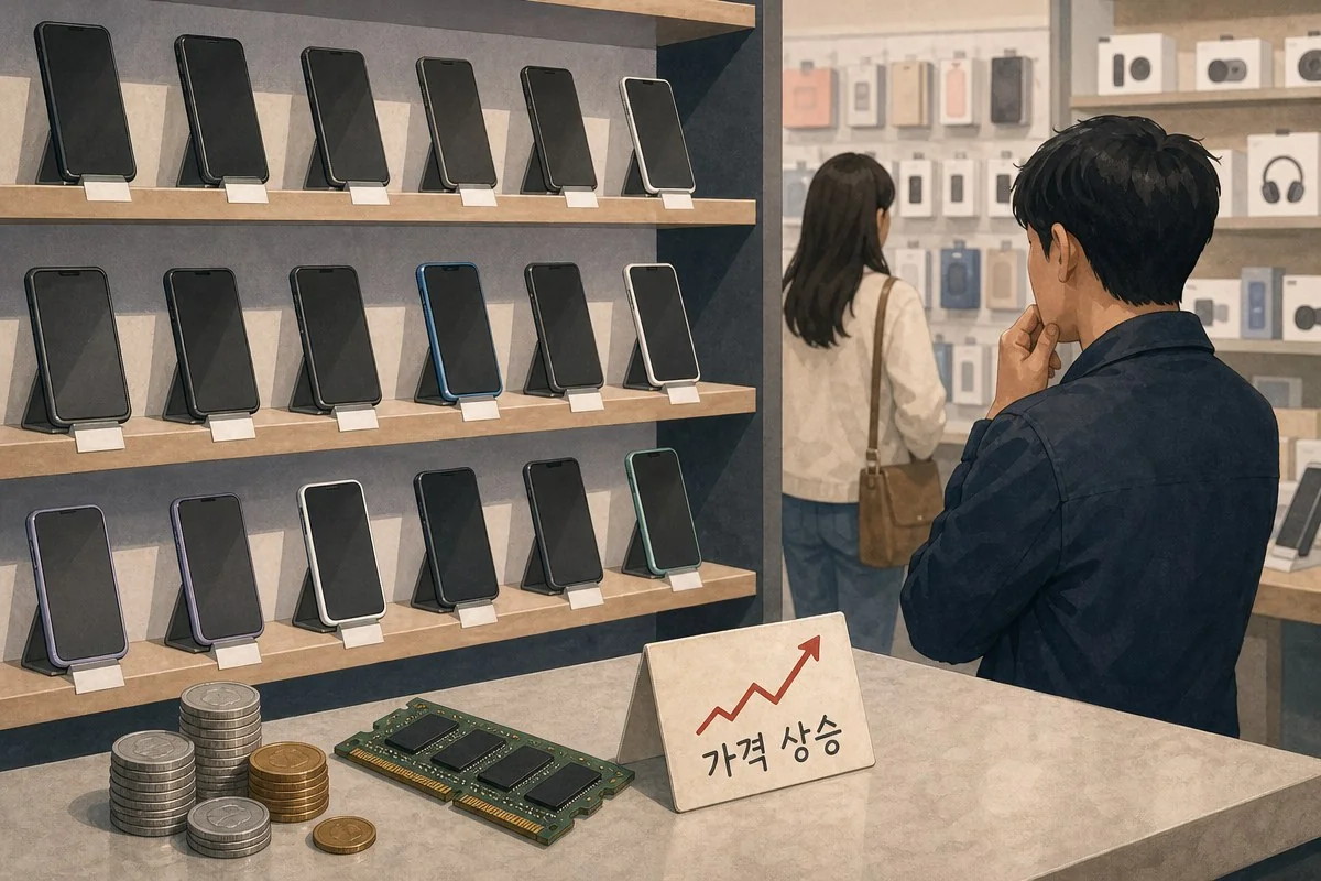 스마트폰 진열대 앞에서 가격 상승 표지판과 메모리 부품을 살펴보는 모습 — 내용 이해를 돕는 AI 이미지