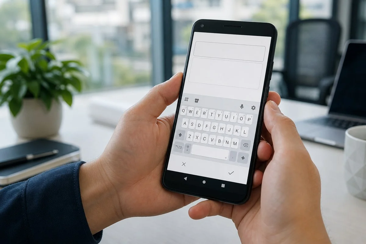 양손으로 스마트폰을 들고 화면 속 키보드를 확인하는 모습 — AI로 생성한 자료 이미지