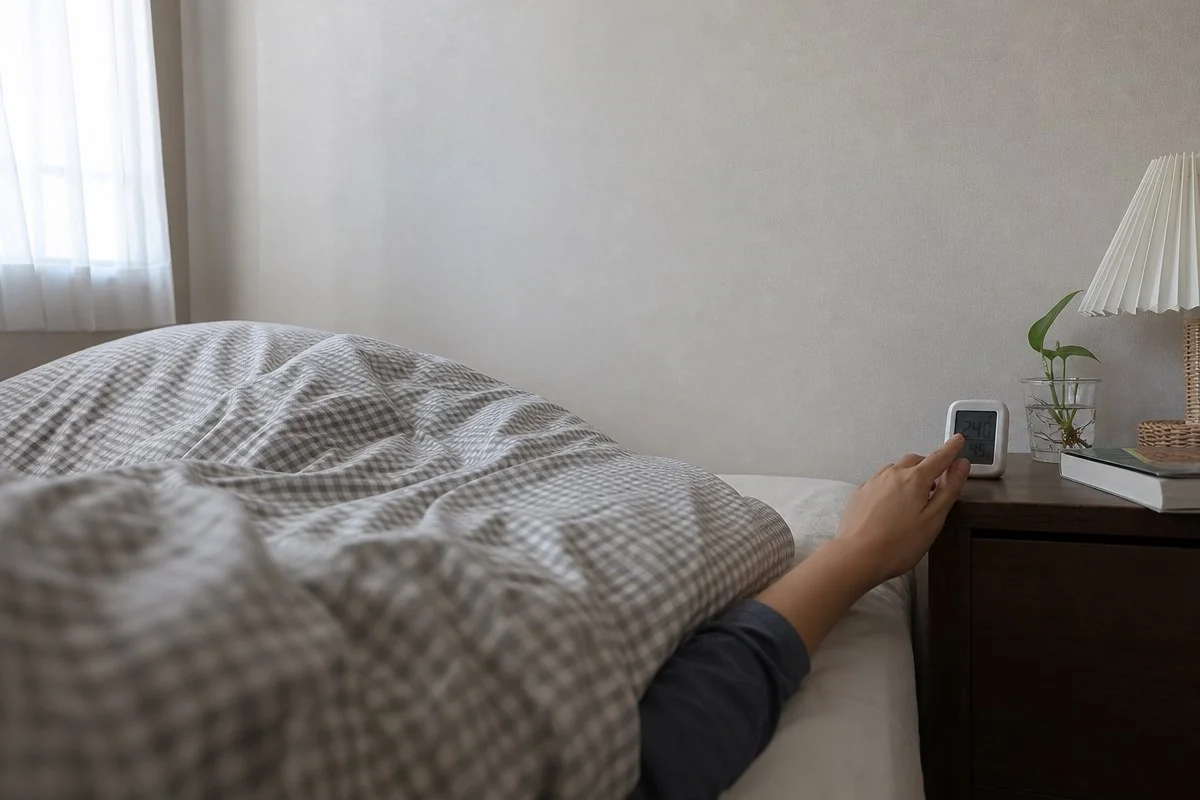 침대에 누워 협탁 위 온도 조절 장치를 손으로 만지는 모습 — AI 자료 이미지