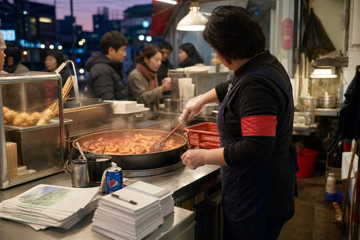 포장마차에서 떡볶이 팬을 국자로 저어 조리하는 모습 — 이해를 돕는 AI 자료 이미지