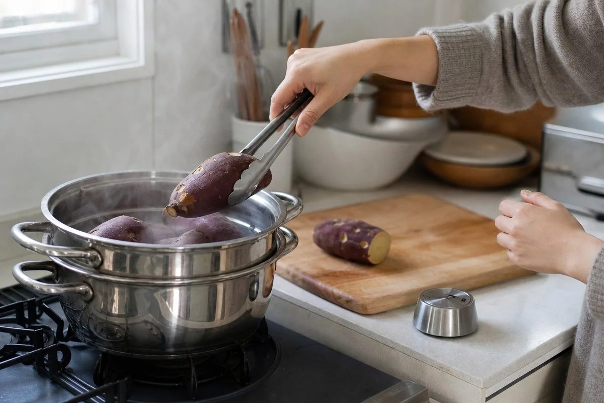 가스레인지 위 찜기에서 집게로 자색 고구마를 꺼내는 모습 — AI 자료 이미지