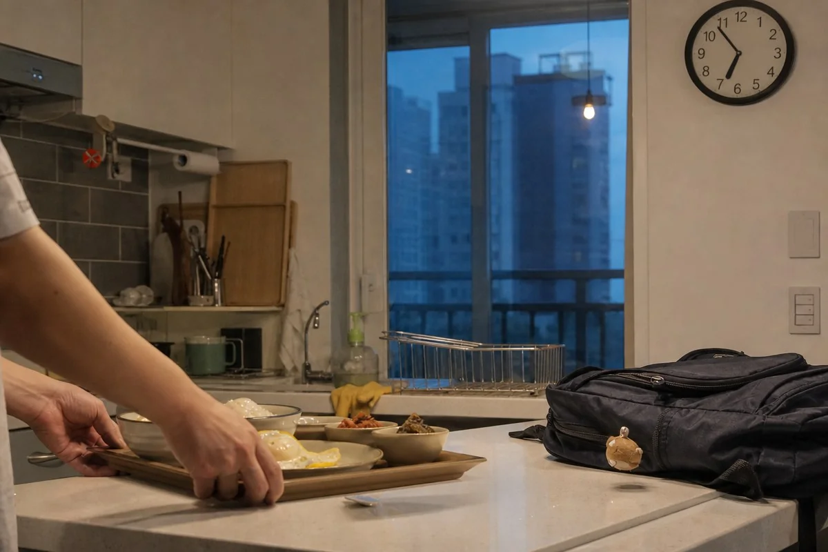 주방 조리대에서 아침 식사를 쟁반에 담아 준비하는 모습 — AI로 생성한 자료 이미지