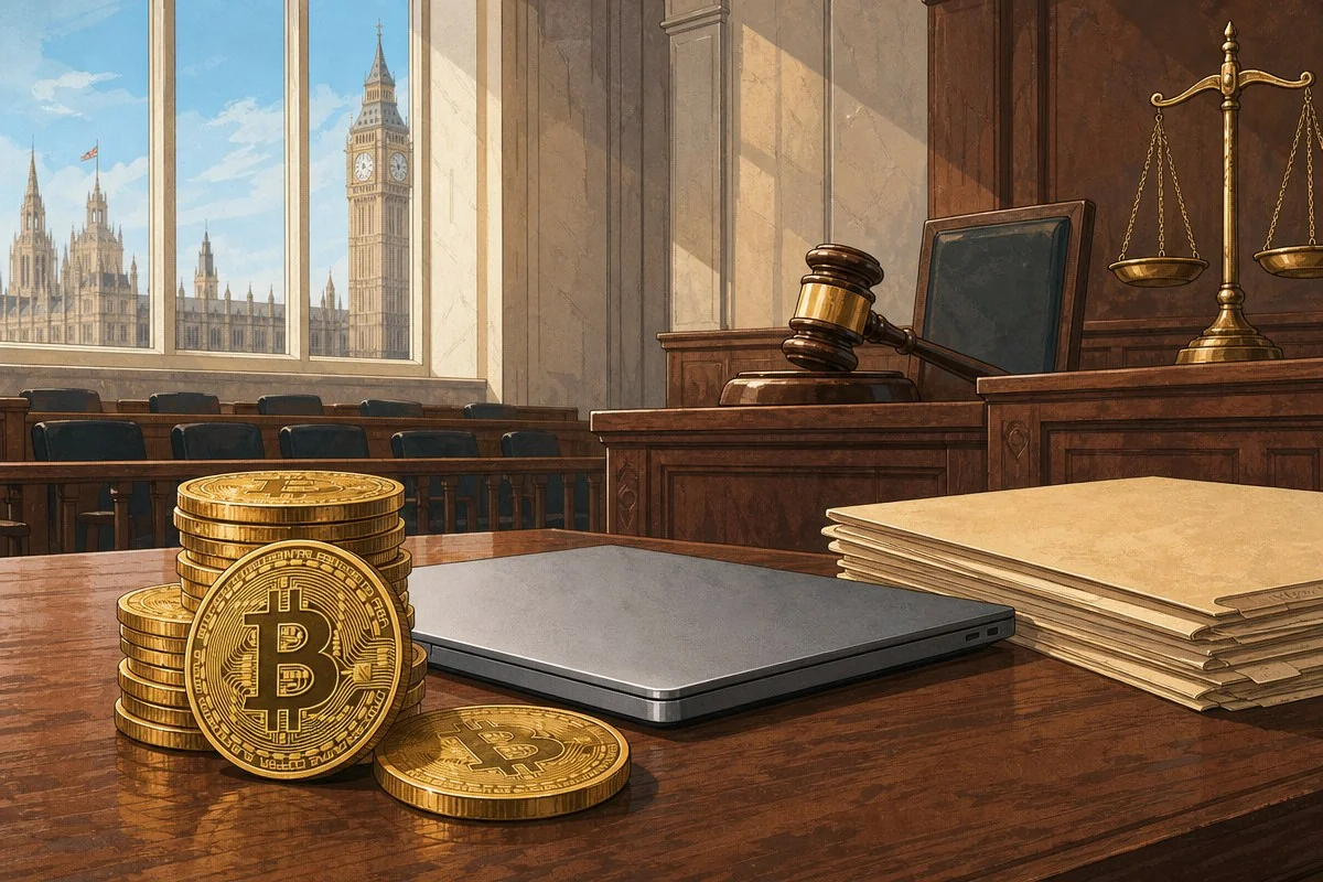 법정 책상 위 비트코인과 노트북, 서류 더미가 놓인 모습 — 이해를 돕는 AI 자료 이미지