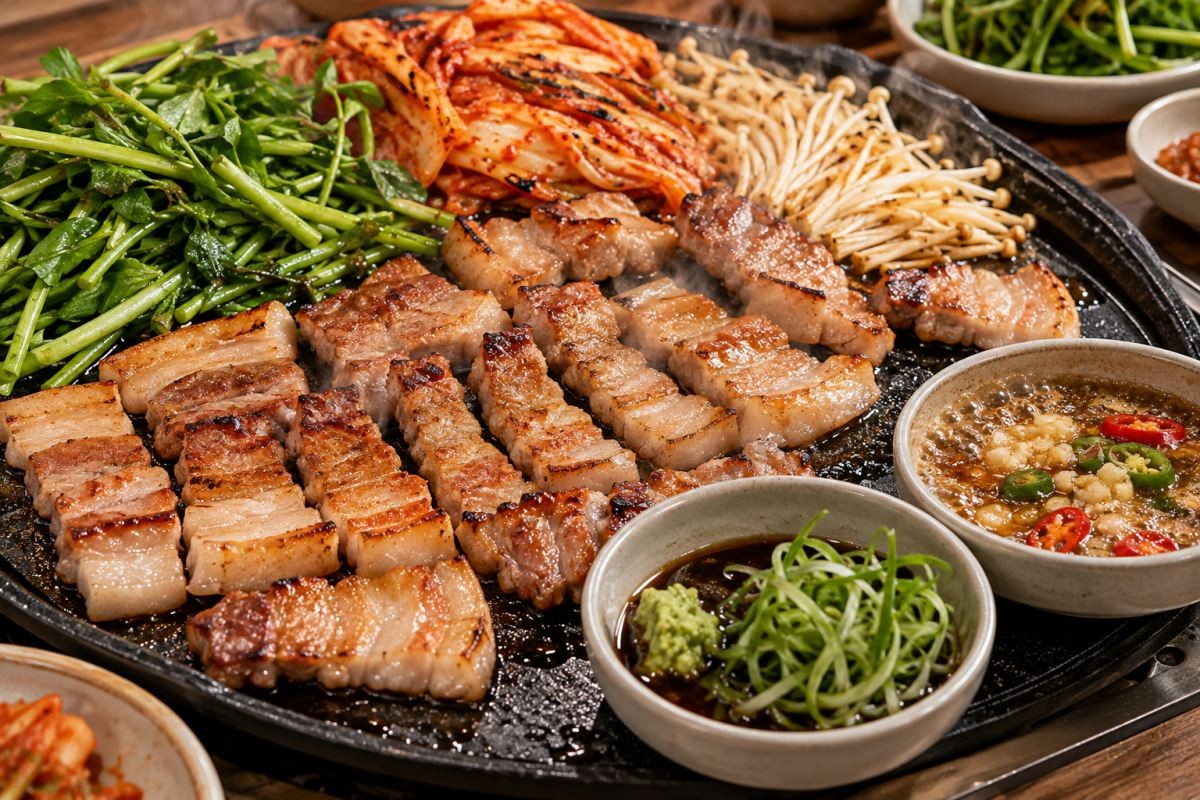 삼겹살을 굽는 모습 / 기사 내용을 바탕으로 제작한 AI 이미지. 실제 모습과 차이가 있을 수 있습니다