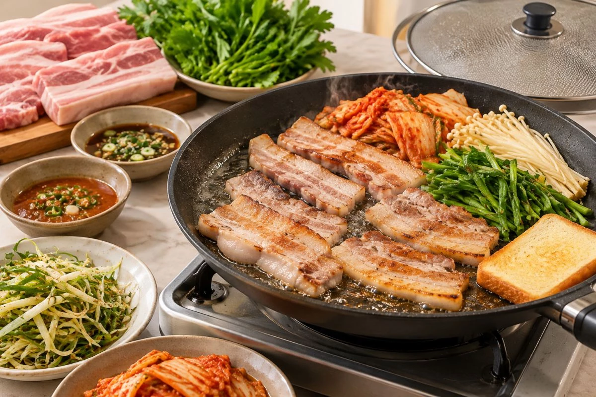 삼겹살을 굽는 모습 / 기사 내용을 바탕으로 제작한 AI 이미지. 실제 모습과 차이가 있을 수 있습니다
