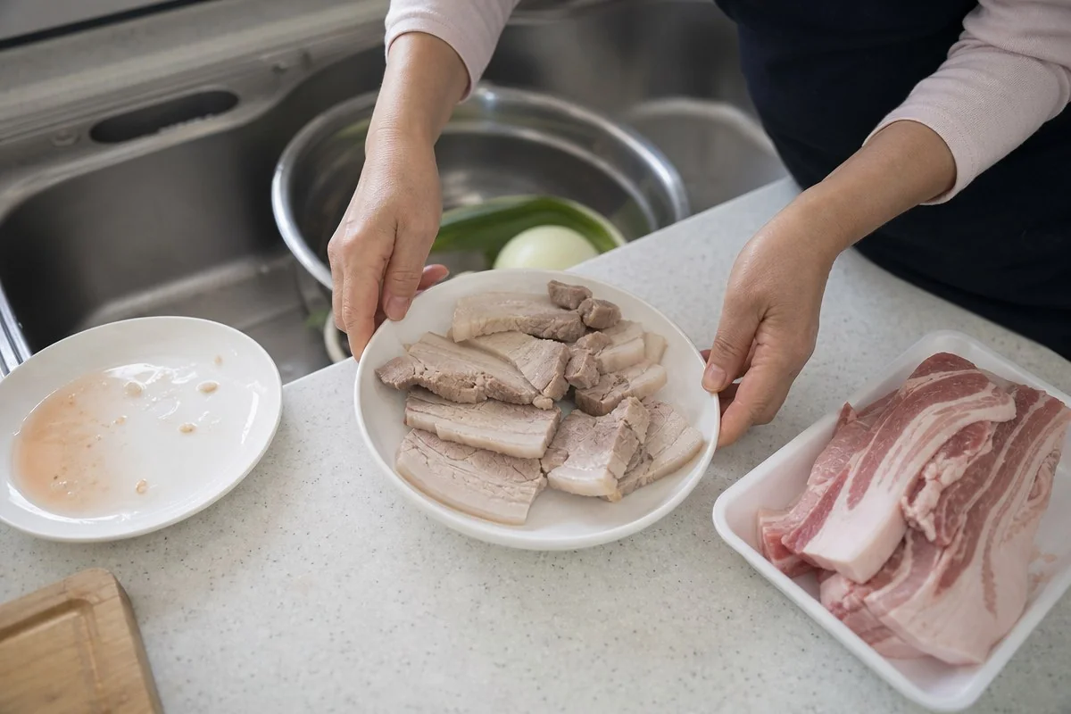 얇게 썬 고기 접시를 생삼겹살 옆 조리대에 내려놓는 모습 — 이해를 돕는 AI 자료 이미지