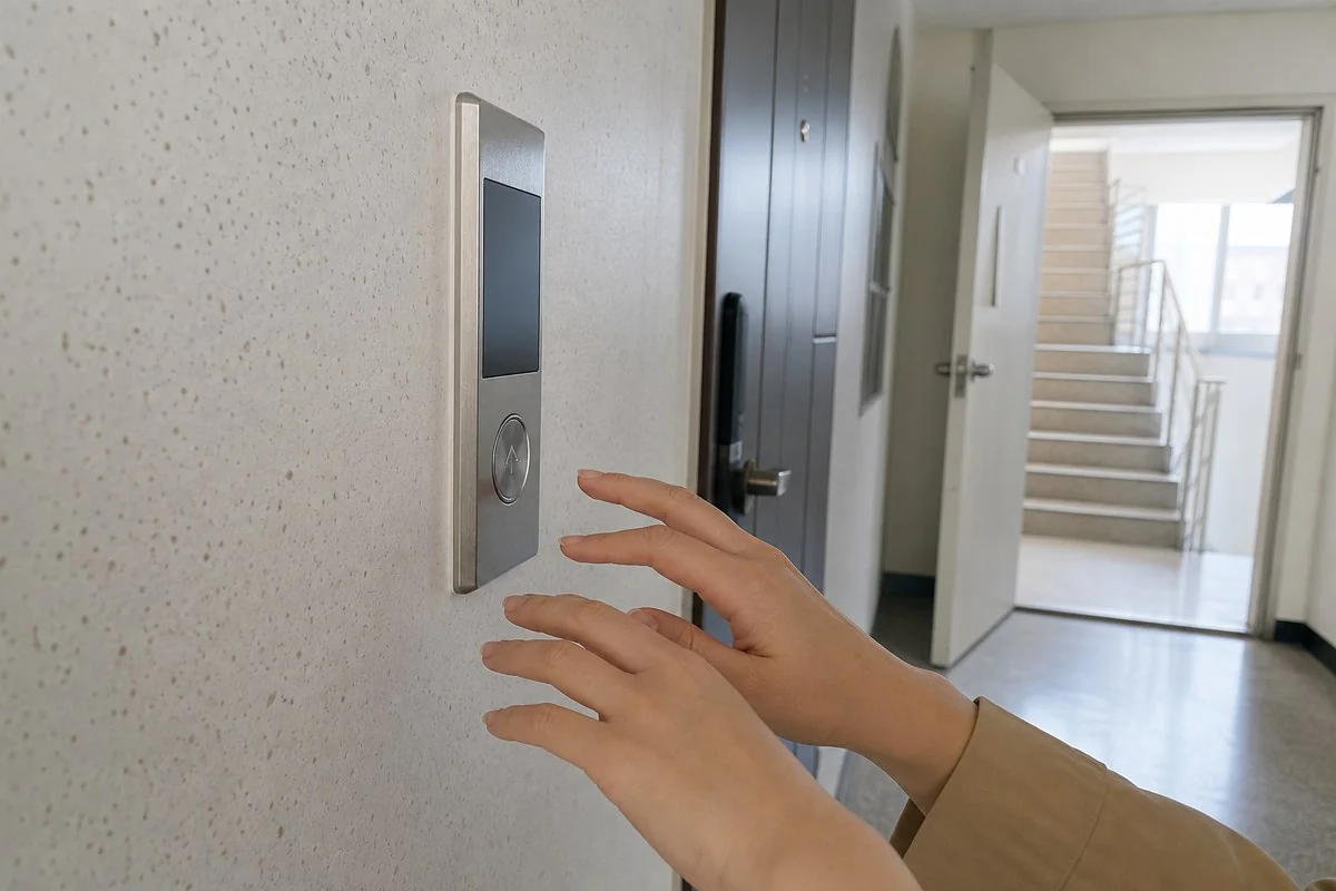 복도에서 승강기 호출 패널에 양손을 가까이 대는 모습 — 내용 이해를 돕는 AI 이미지