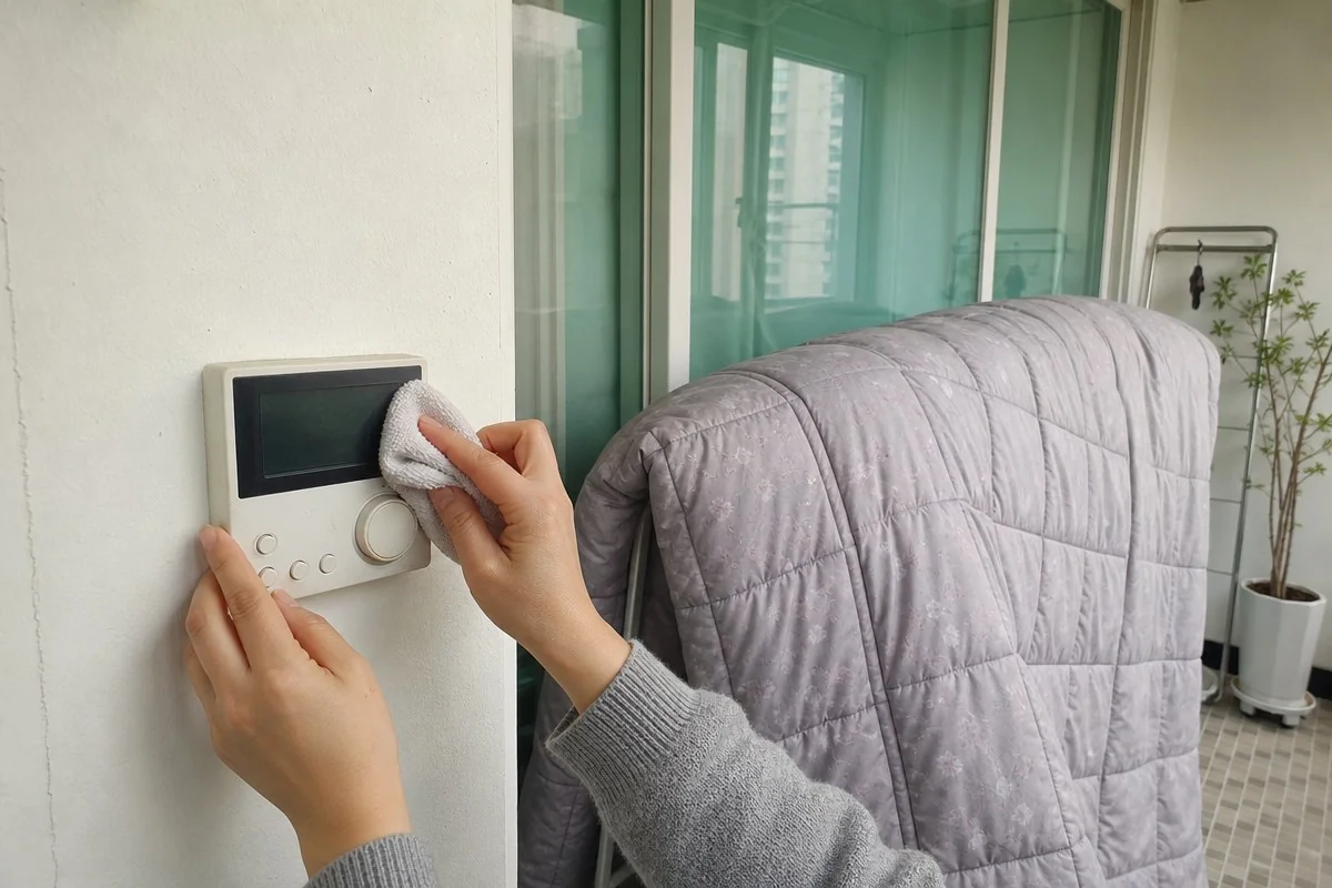 베란다에 회색 누비 이불을 걸어 두고 벽면 기기를 천으로 닦는 모습 — 내용 이해를 돕는 AI 이미지