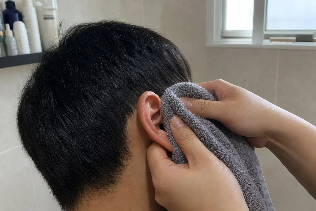 한 사람이 귓불을 당기며 회색 수건으로 귀 주변을 닦는 모습 — 내용 이해를 돕는 AI 이미지