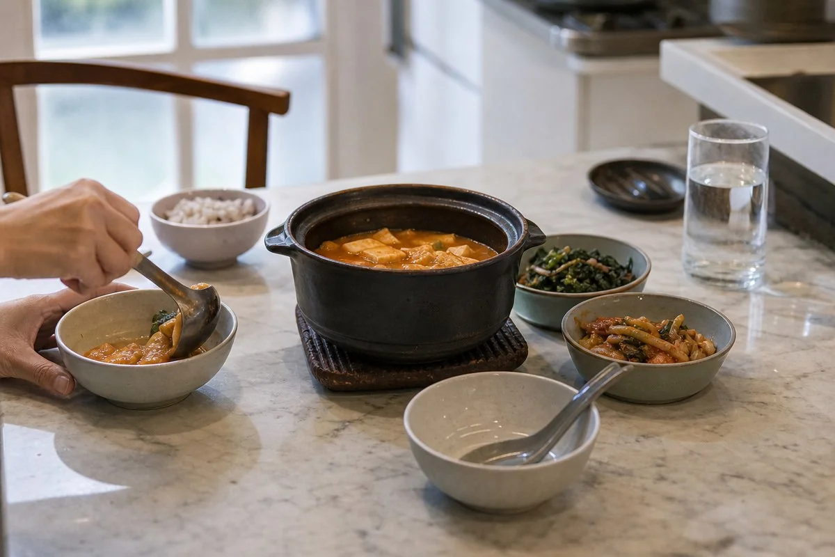 주방 조리대 위 검은 냄비에서 국물을 작은 그릇에 옮기는 모습 — 이해를 돕는 AI 자료 이미지