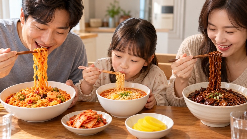 라면을 먹고 있는 가족 모습을 표현한 자료이미지. AI툴로 생성됐습니다.