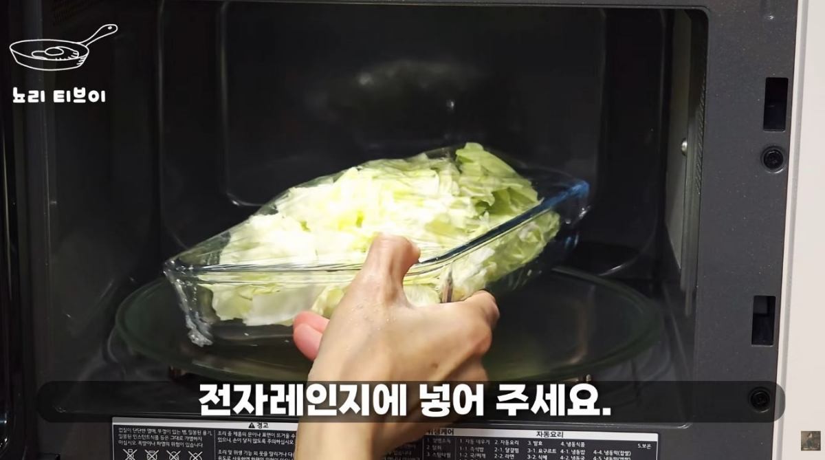 전자레인지에 양배추를 넣는 모습. / 유튜브 '뇨리 티브이'