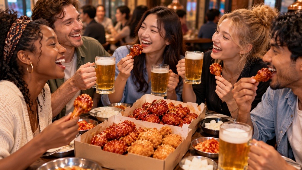 '치맥'을 즐기고 있는 다양한 사람들을 표현한 자료사진. AI툴로 생성됐습니다.