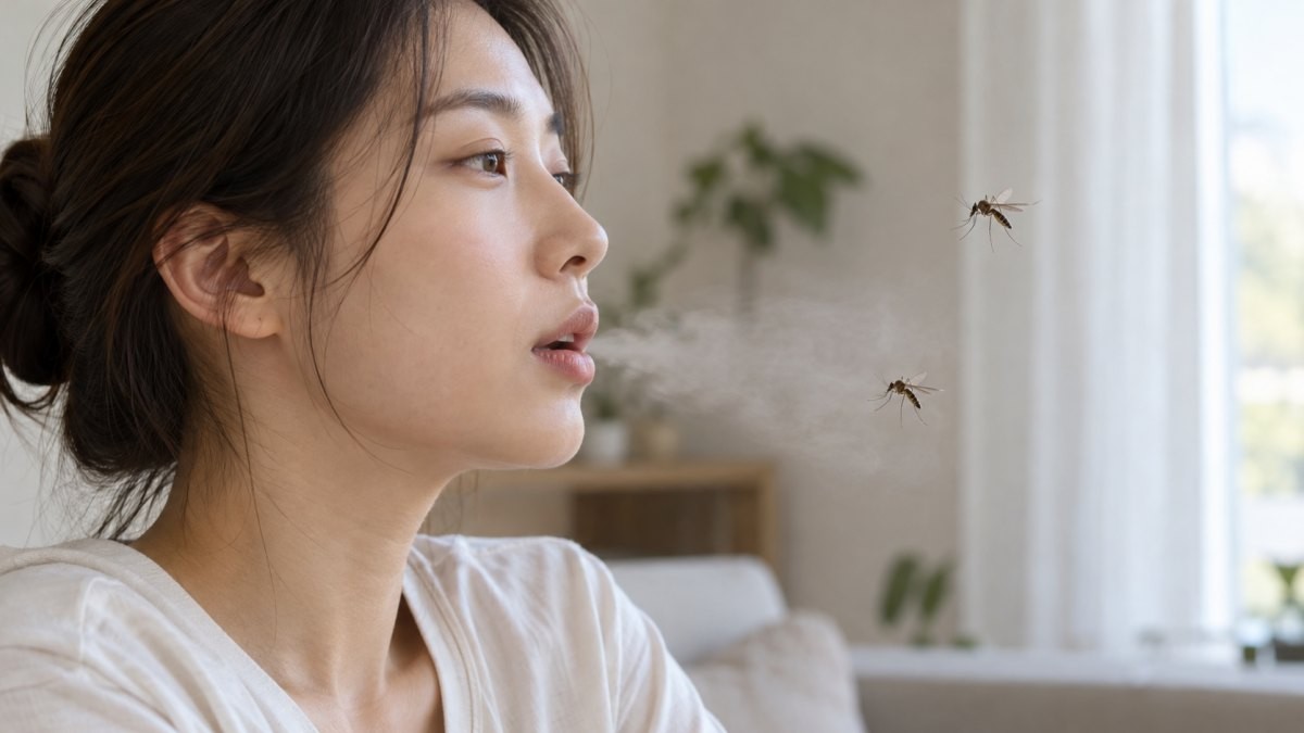 사람의 호흡에서 나오는 이산화탄소에 꼬이는 모기들. 기사 이해를 돕기 위해 AI툴로 생성한 자료사진.