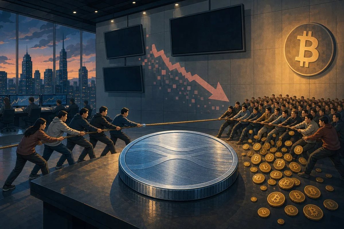 대형 XRP 문양 동전을 사이에 두고 양쪽 사람들이 밧줄을 당기는 모습 — AI로 생성한 자료 이미지