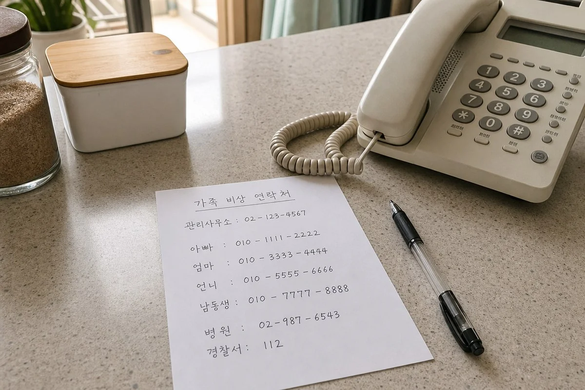 주방 조리대 위 연락처 적힌 종이와 유선전화기, 펜이 놓인 모습 — AI 자료 이미지