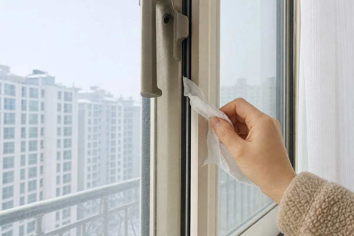 베란다 창문 손잡이 옆 고무 패킹 틈에 흰 종이를 대는 모습 — 내용 이해를 돕는 AI 이미지