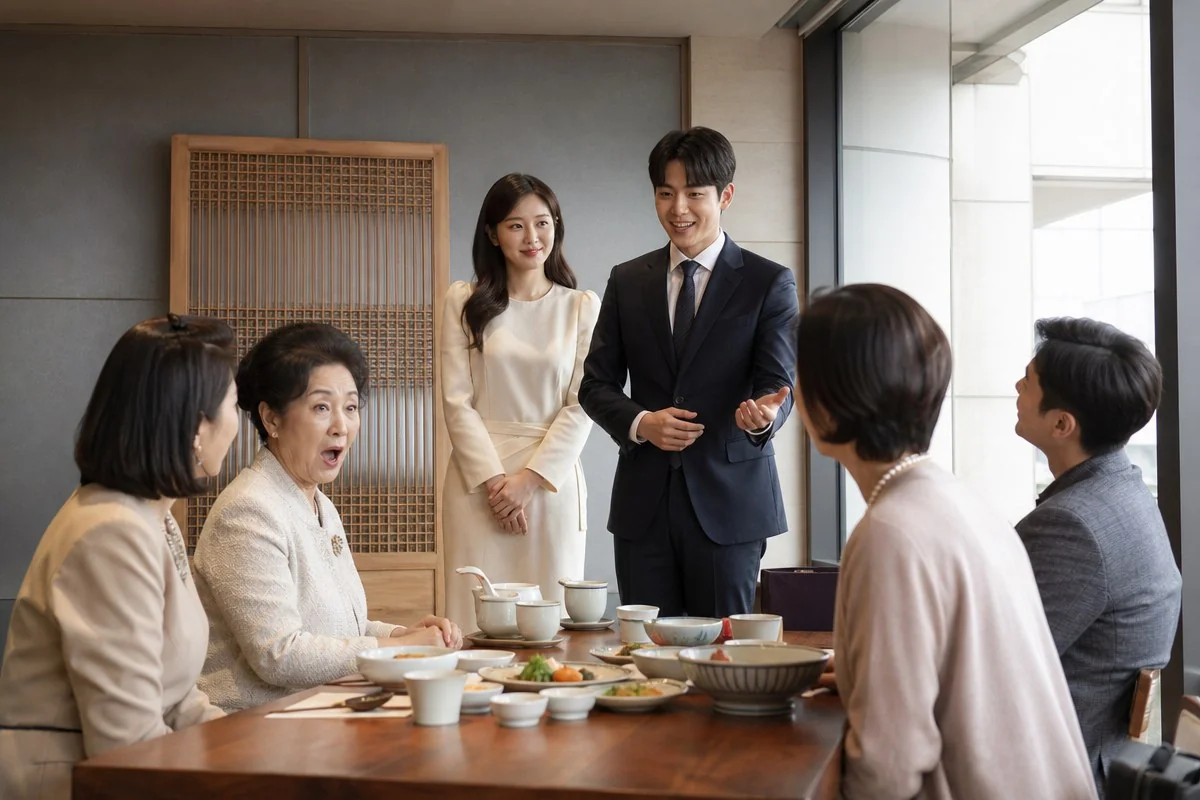 밝은 식당 식탁 앞에 선 남녀가 가족들과 대화를 나누는 모습 — AI로 생성한 자료 이미지