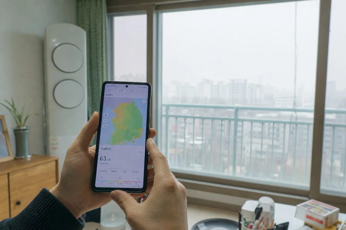 커튼 옆 공기청정기 앞에서 휴대전화 화면을 확인하는 모습 — AI로 생성한 자료 이미지