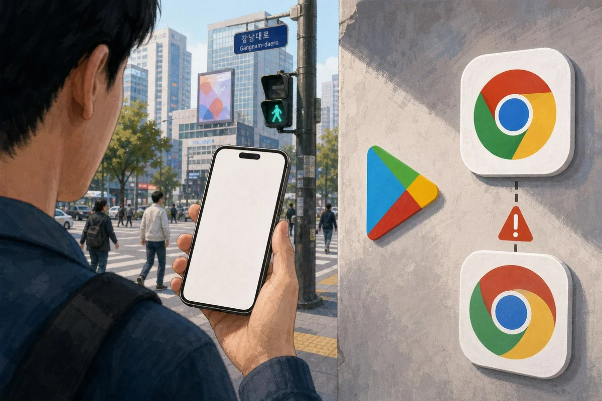 도심 교차로에서 스마트폰을 들고 크롬 아이콘과 경고 표지를 마주한 모습 — AI로 생성한 자료 이미지