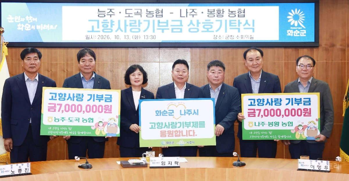농협화순군지부(지부장 최우영)는 지난 13일 화순군청 소회의실에서 화순군과 나주시 관내 농협 임직원들이 참여한 가운데 고향사랑기부금 상호 교차 기부식을 개최했다. / 전남농협