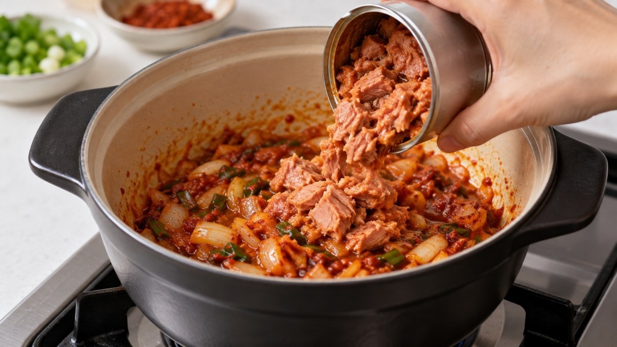 냄비에 식용유를 두른 뒤 대파와 양파를 넣고 중간 불에서 볶는다. 대파 향이 올라오고 양파가 어느 정도 익으면 불을 약하게 줄인다. 여기에 고춧가루와 다진 마늘을 넣고 볶는다. 센 불에서 오래 볶으면 고춧가루가 탈 수 있으니 가볍게 볶아 고추기름을 낸다. 이어서 고추참치 한 캔을 넣는다. / 기사 이해를 돕기 위해 AI로 제작한 자료 이미지로, 실제 모습과 다소 차이가 있을 수 있습니다.