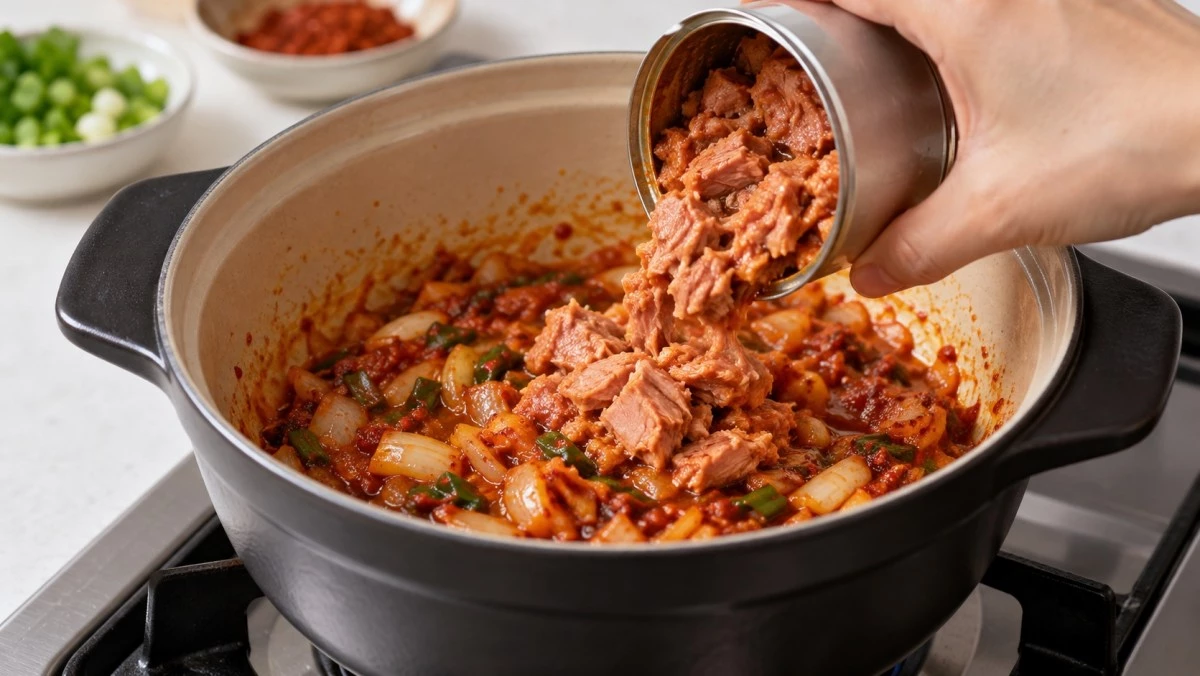 냄비에 식용유를 두른 뒤 대파와 양파를 넣고 중간 불에서 볶는다. 대파 향이 올라오고 양파가 어느 정도 익으면 불을 약하게 줄인다. 여기에 고춧가루와 다진 마늘을 넣고 볶는다. 센 불에서 오래 볶으면 고춧가루가 탈 수 있으니 가볍게 볶아 고추기름을 낸다. 이어서 고추참치 한 캔을 넣는다. / 기사 이해를 돕기 위해 AI로 제작한 자료 이미지로, 실제 모습과 다소 차이가 있을 수 있습니다.