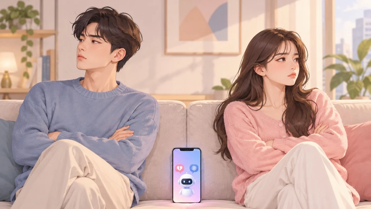 AI 판결 앱으로 갈등을 중재받는 커플의 상황을 표현한 일러스트 / 기사의 이해를 돕기 위한 AI 생성 이미지