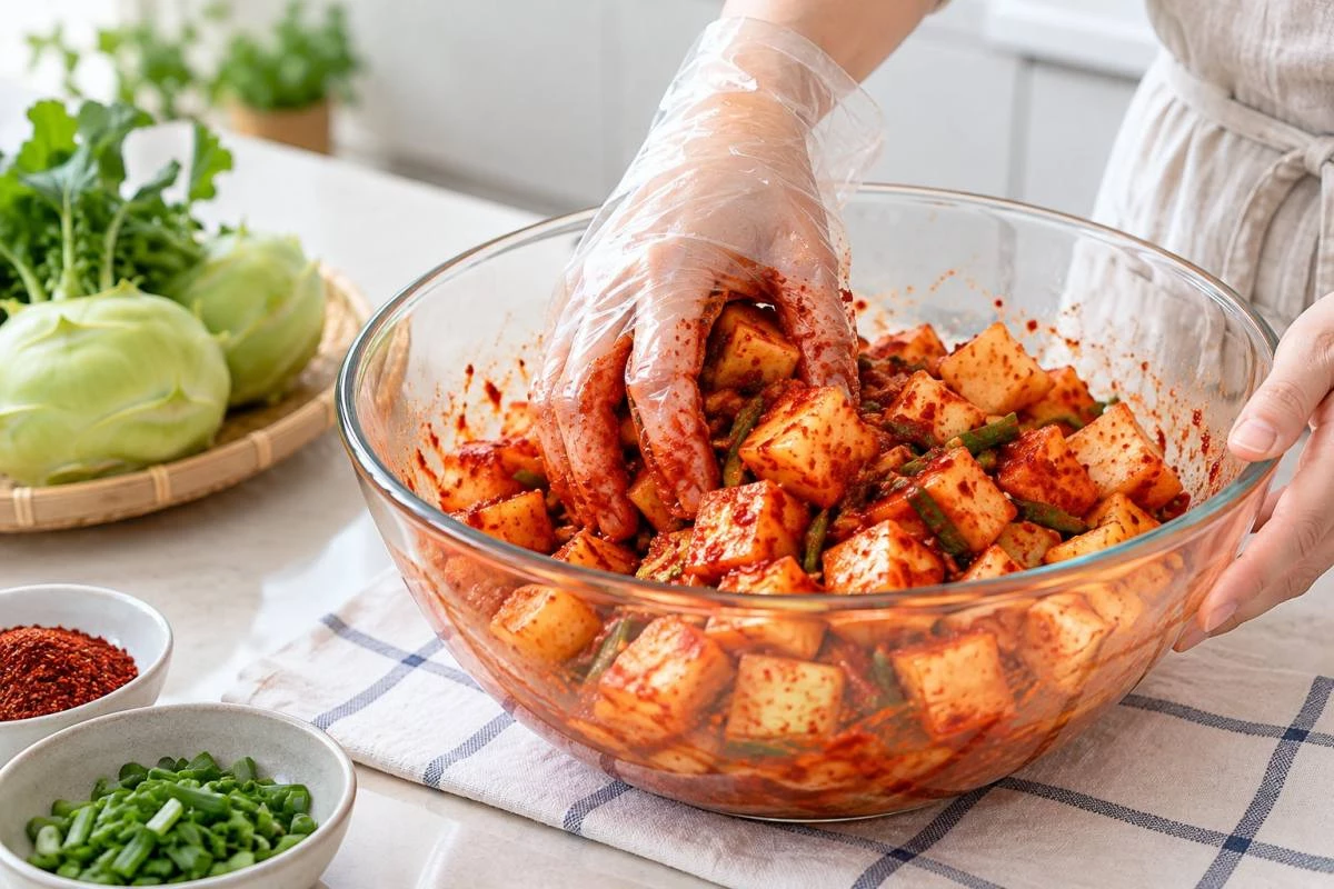 콜라비 깍두기 만들기. / 기사 이해를 돕기 위해 AI로 제작한 자료 이미지로, 실제 모습과 다소 차이가 있을 수 있습니다.