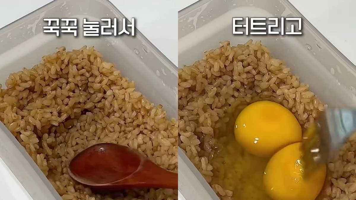 현미밥을 전자레인지 전용 용기에 넣어 잘 펴준 후, 계란을 넣어 노른자를 터뜨리는 모습. / 유튜브 '꾸주니GGUJUNII'