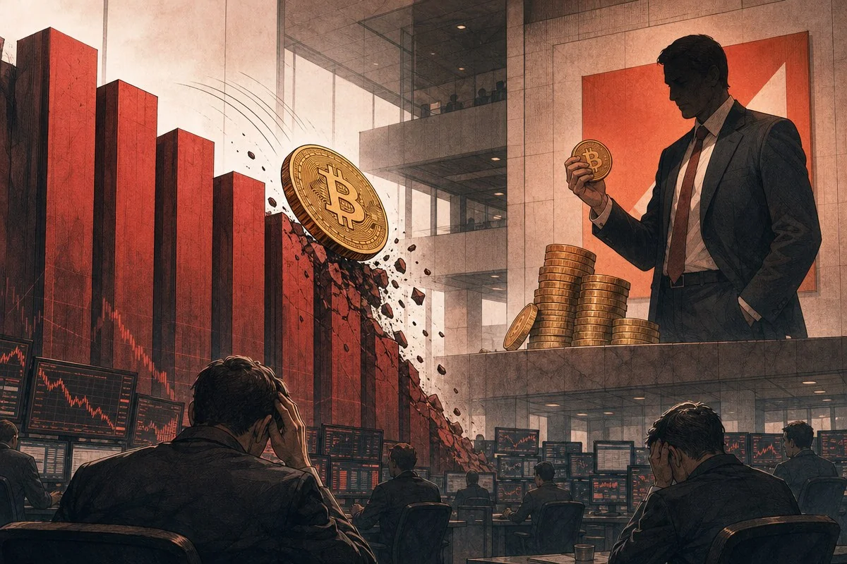 거래실 화면 속 정장 차림 인물이 비트코인 동전을 들어 보이는 모습 — 이해를 돕는 AI 자료 이미지