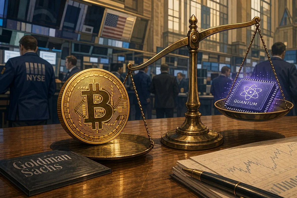 증권거래소 내부 책상 위 비트코인과 양팔저울이 놓인 모습 — 이해를 돕는 AI 자료 이미지