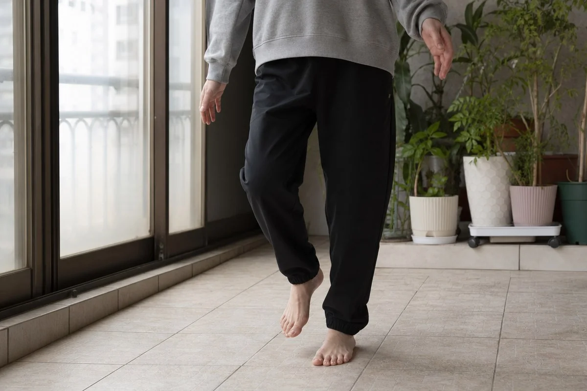 실내 타일 바닥에서 맨발로 가볍게 걷고 있는 모습 — 내용 이해를 돕는 AI 이미지