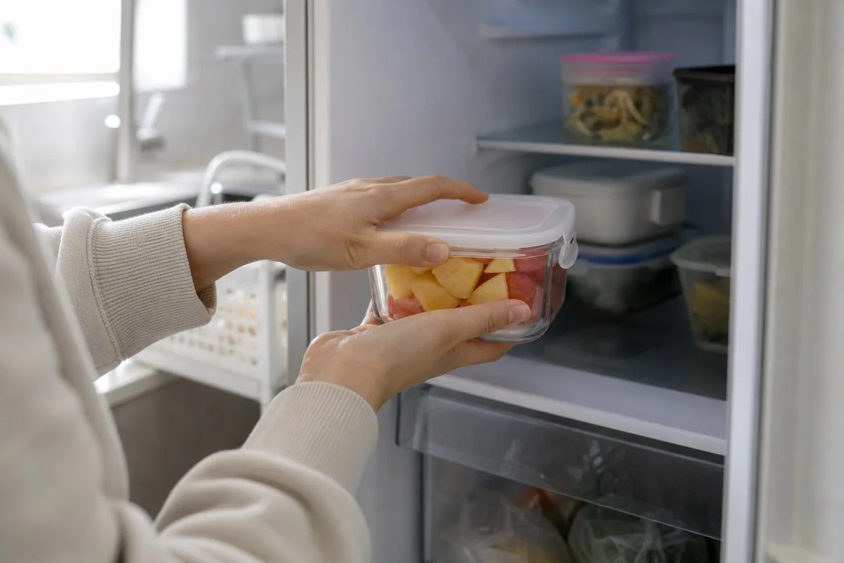 밀폐 용기에 담긴 깎은 과일을 냉장고 안에 넣는 모습 — AI로 생성한 자료 이미지