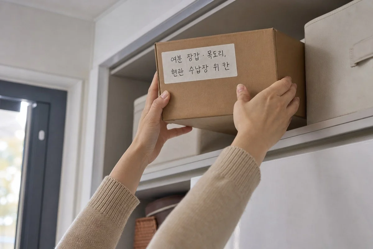 현관 수납장 위 칸에 손글씨 라벨 상자를 올려놓는 모습 — AI로 생성한 자료 이미지