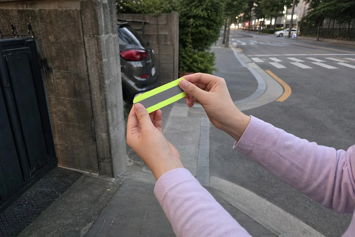 보도 위에서 형광 반사테이프 조각을 양손으로 들어 보이는 모습 — AI 자료 이미지