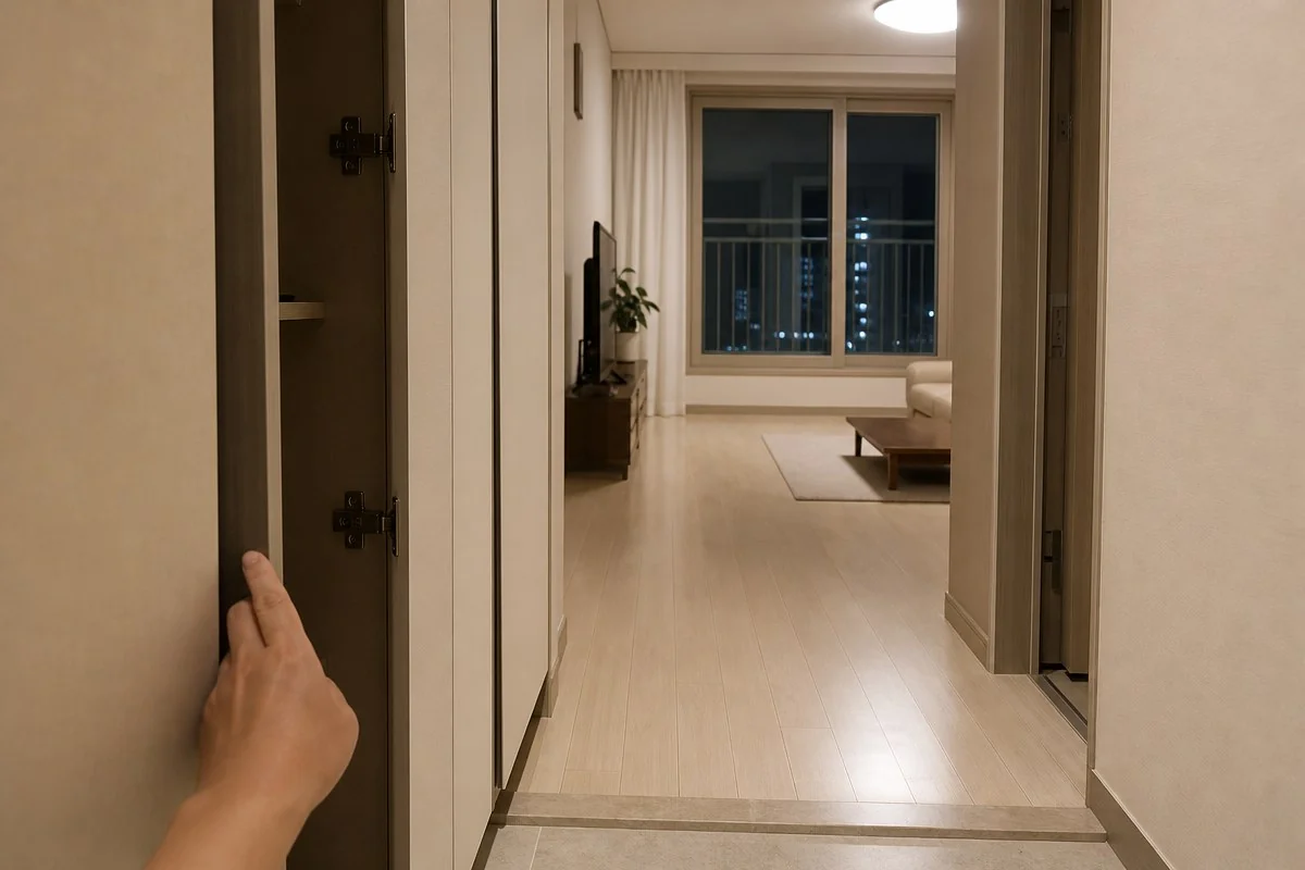 어두운 방에서 손으로 방문을 열고 밝은 거실을 바라보는 모습 — 이해를 돕는 AI 자료 이미지