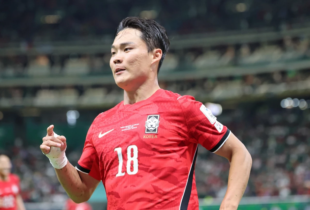 대한민국 축구국가대표팀 오현규가 지난 6월 멕시코 할리스코주 사포판 과달라하라 스타디움에서 열린 2026 북중미 월드컵 A조 조별리그 1차전 대한민국과 체코 경기에서 역전골을 넣고 환호하고 있다. / 뉴스1