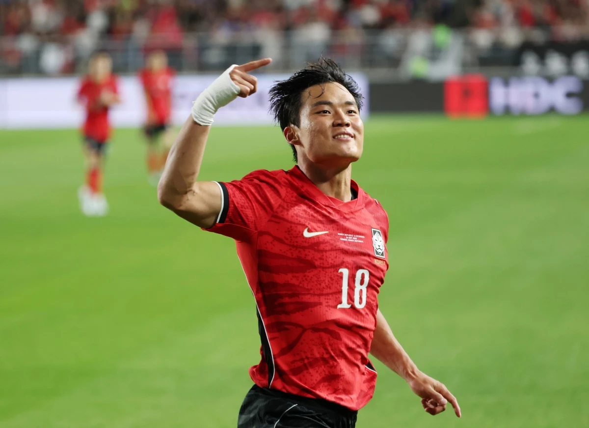 지난달 경기 수원시 팔달구 수원월드컵경기장에서 열린 축구 국가대표 평가전 대한민국과 에콰도르의 경기, 오현규가 후반 9분 선제골을 넣은 뒤 기뻐하고 있다. / 뉴스1