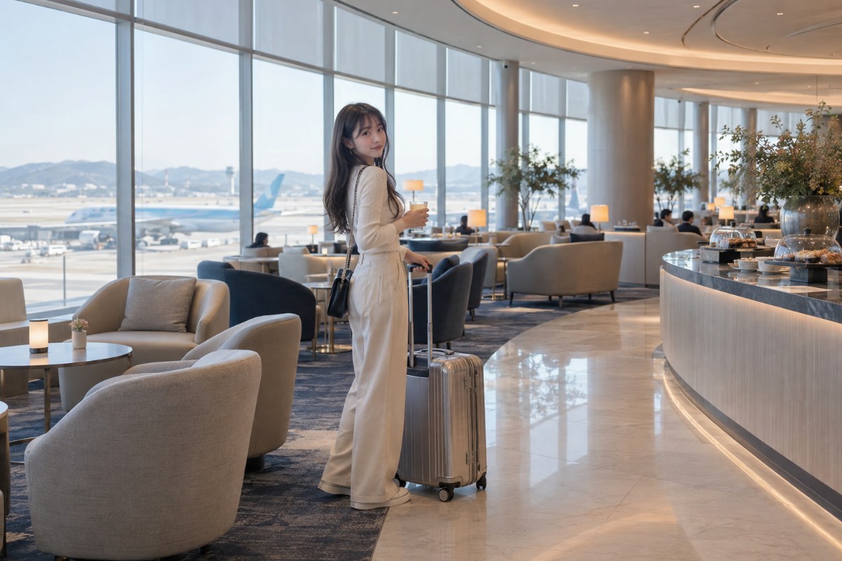 인천국제공항 대한항공 라운지에서 한 여성 승객이 여행 가방을 끌고 이동하고 있다. 대한항공 라운지 이용 분위기를 보여주기 위해 AI로 생성했다.