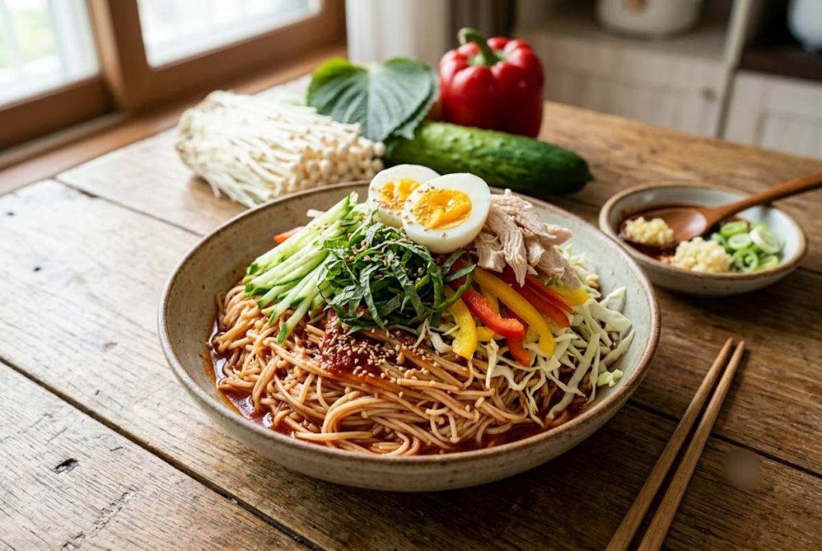 팽이버섯을 활용한 국수 / 기사 내용을 바탕으로 제작한 AI 이미지. 실제 모습과 차이가 있을 수 있습니다