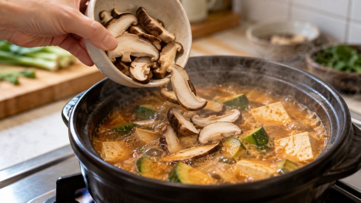 표고버섯을 넣으면 해산물 없이도 국물에 깊은 감칠맛을 더할 수 있어 채소 된장찌개를 끓일 때 특히 유용하다. / 기사 이해를 돕기 위해 AI로 제작한 자료 이미지로, 실제 모습과 다소 차이가 있을 수 있습니다.