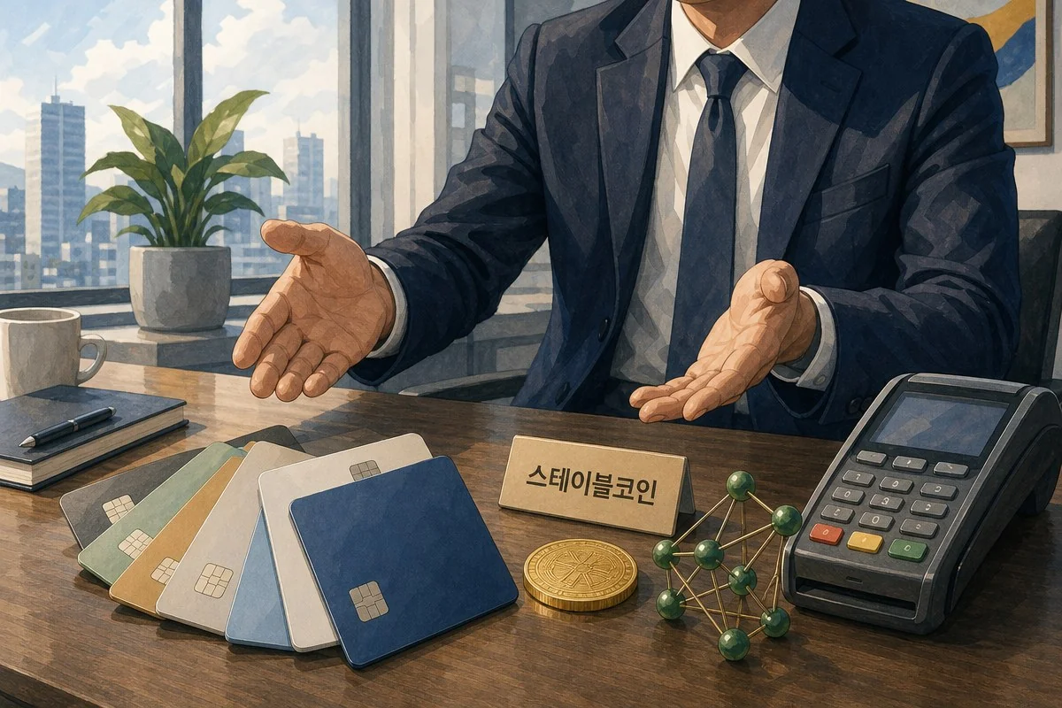 정장 차림 남성이 책상 위 여러 카드와 결제 단말기 앞에서 손짓하는 모습 — 내용 이해를 돕는 AI 이미지
